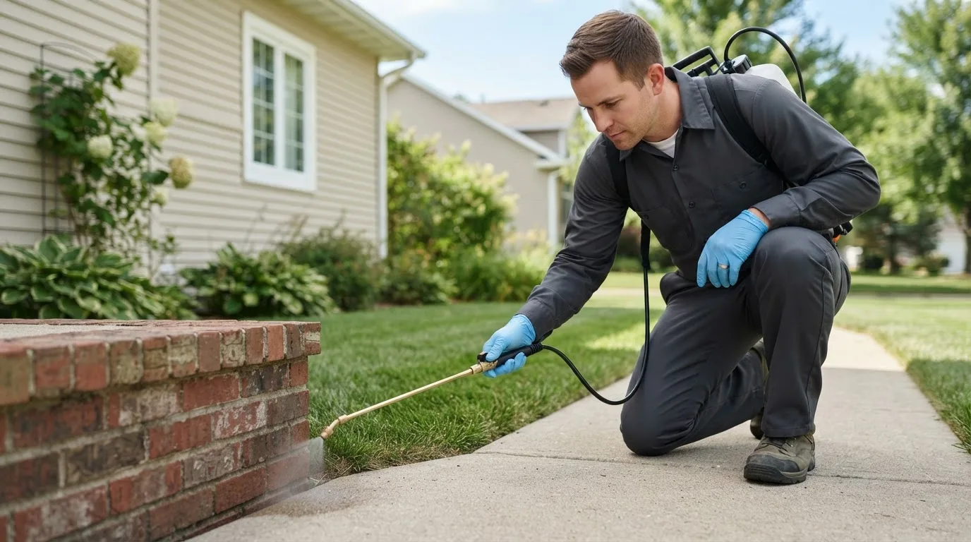 Pest control technician treating a home near Woodward, PA