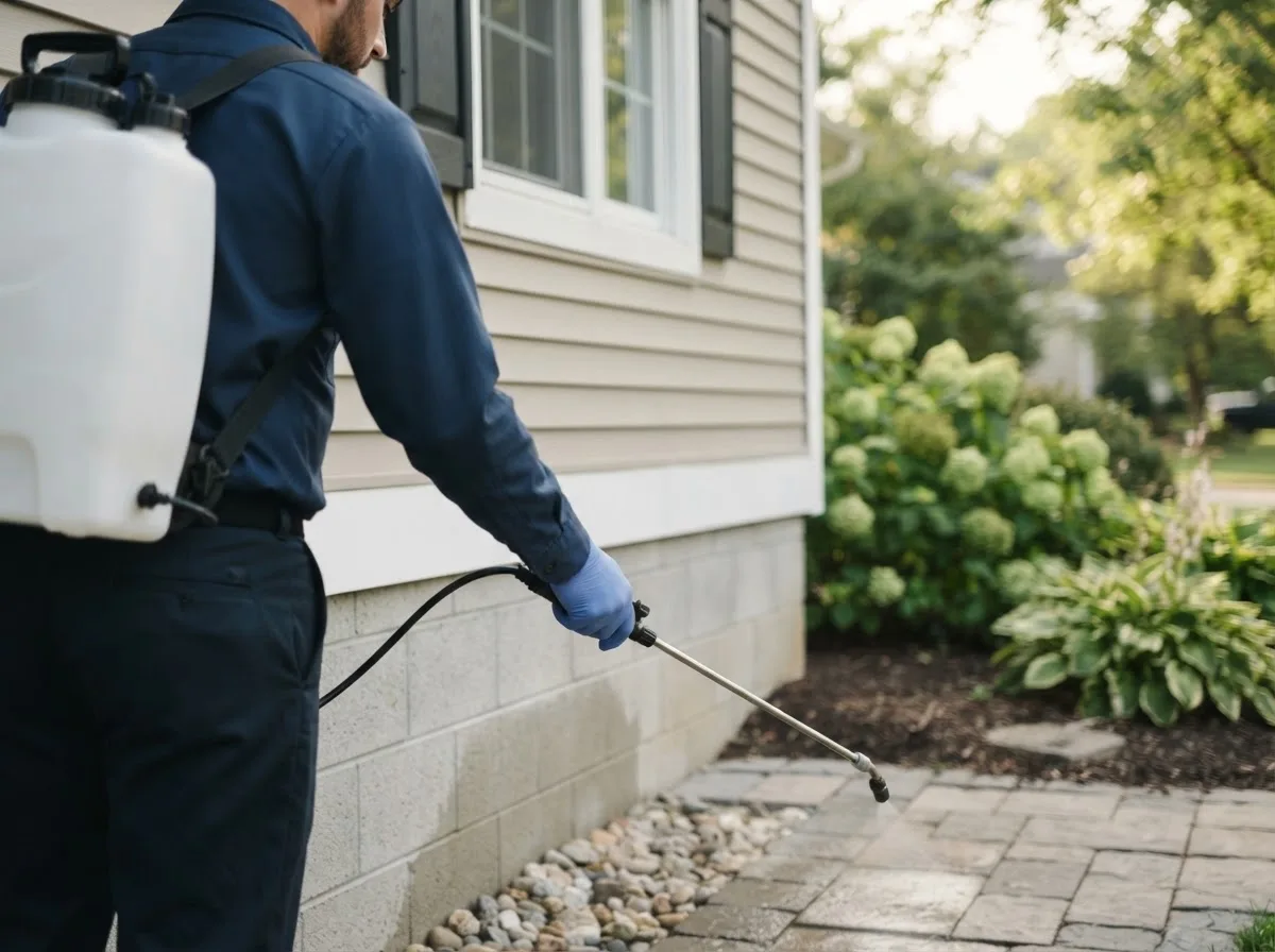 Pest control technician inspecting a home in Woodward, PA